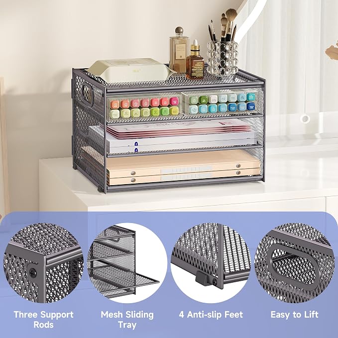 Subekyu Paper Letter Tray Organizer for Desk, Gray Metal Mesh Desk File Sorter Organizer with Handle and 2 Sliding Trays for Home Office School Supplies Organization - Image 7