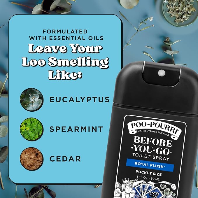 Poo-Pourri Before-You-Go Pocket Toilet Spray, Travel Essentials, Royal Flush, 1 Fl Oz, Up to 50 Uses, On-The-Go Bathroom Odor Deodorizer with Essential Oils, TSA Approved Size, Eucalyptus & Spearmint - Image 7