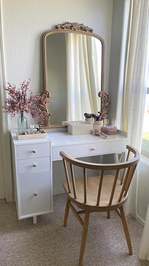Nathan James Daisy Vanity Dressing Table or Makeup Desk with 4-Drawers and Brass Accent Knobs, White Wood - Image 5