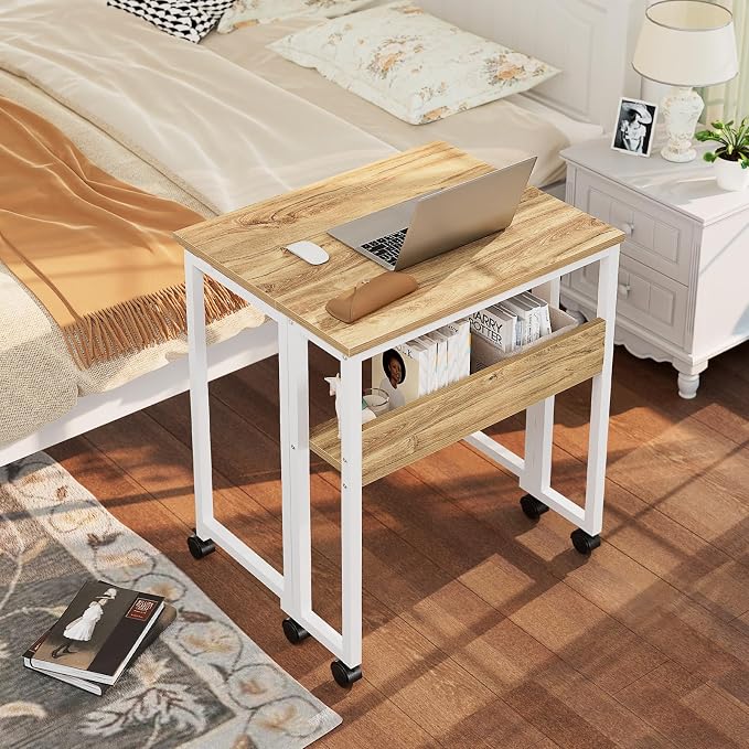 GreenForest Folding Desk with Wheels, 24.8" Rolling Table for Small Spaces | Storage Shelf, Lockable Casters, Compact Portable Workstation, Space-Saving Foldable Sofa Table, Home Office, Mobile, Oak - Image 2