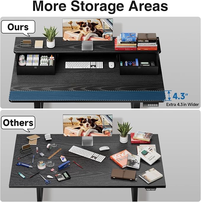 Veken 47x28 in Electric Standing Desk with Drawers, Adjustable Table, Black | Stand up Computer Desk for Home Office, Work & Study, with Storage, 3 Memory Presets, Cable Organizer, Hook, and Quiet Lift. - Image 4