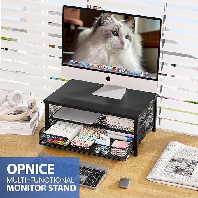 OPNICE Computer Monitor Stand Riser, Desk Organizer with Drawer, Printer & Laptop Stand, Office Desk Accessories & Workspace Desktop Organizers Storage for Office Supplies(Black 2-Pack) - Image 2