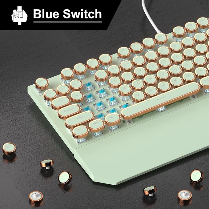 Camiysn Typewriter Style Mechanical Gaming Keyboard, Green Retro Punk Gaming Keyboard with White Backlit, 104 Keys Blue Switch Wired Cute Keyboards, Round Keycaps for Windows/Mac/PC - Image 2