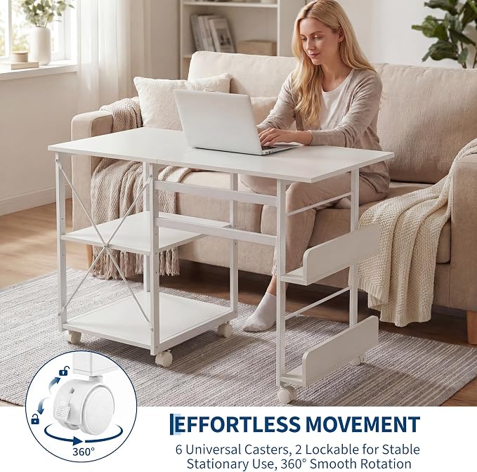 Garvee Folding Desk with Wheels, 31.5" Foldable Computer Desk with Storage Shelf, Space Saving Rolling Home Office Desk for Small Spaces, Portable Writing Table with Side Organizer, White - Image 6