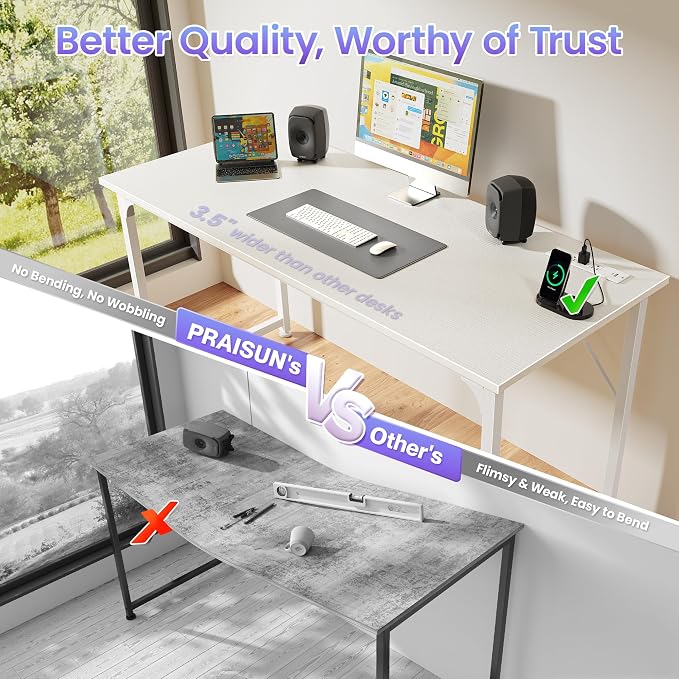 PRAISUN 55 X 20 Inch Computer Desk, Power Outlets, USB-C, White | Office Desk with 4 AC Outlets, USB & USB-C, Sturdy Metal Frame, Spacious Desktop for Work, Writing, Study & Gaming - Image 6