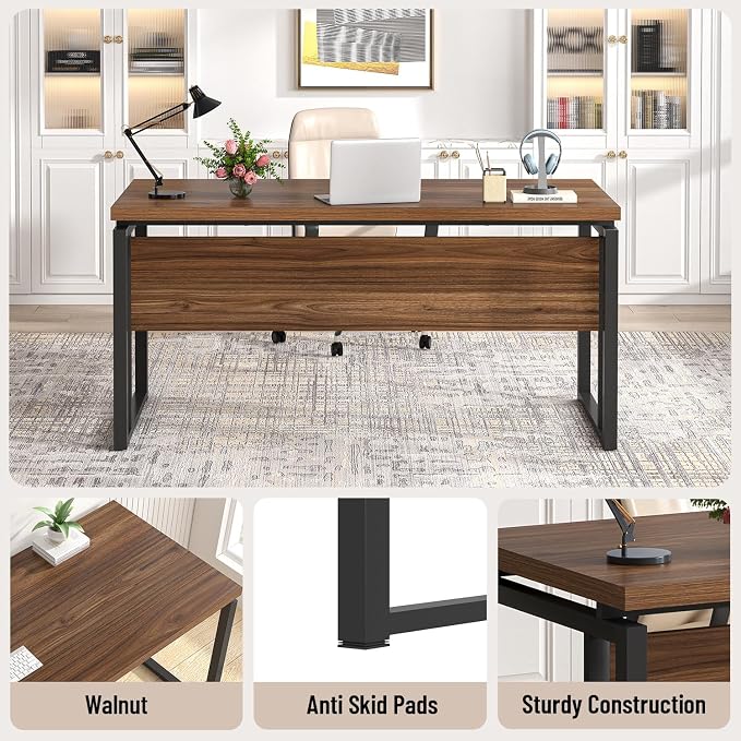 EXCEFUR Home Office Desk, Modern Computer Desk for Workstation, Wood Metal Executive PC Laptop Study Writing Table for Living Room, 53 Inch, Rustic Walnut - Image 5