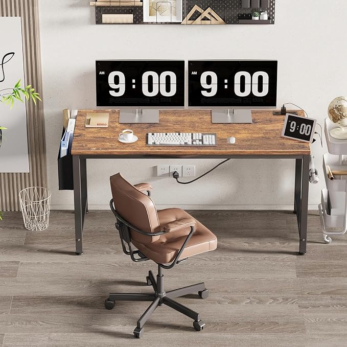 Lufeiya Gaming Desk with Power Outlet, 55 inch Teen Study Table Home Office Work Writing Computer Desks with Charging Station Outlets Built in, Brown - Image 2