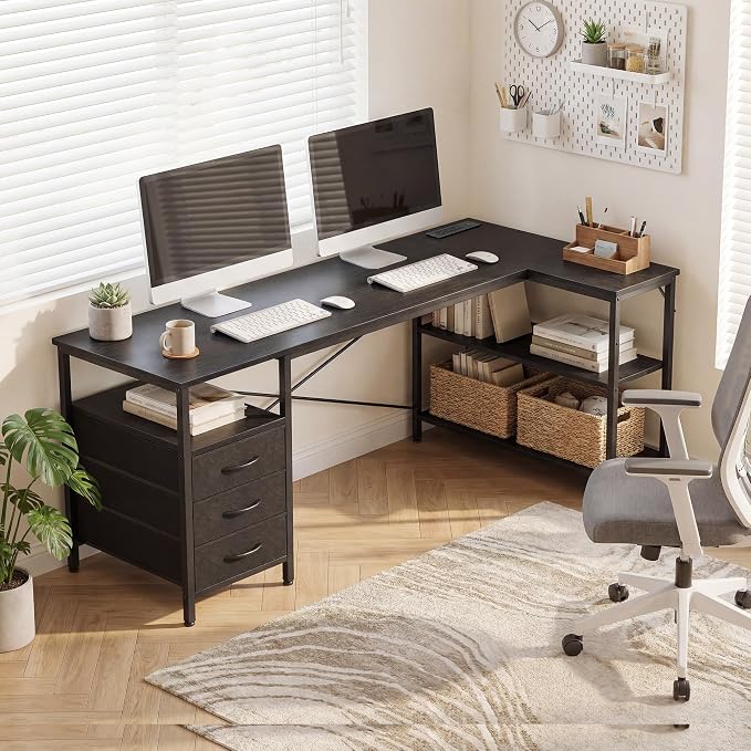 Alpen L Shaped Computer Desk, 47 Inch Corner Desk with Drawers and Power Outlets, Home Office Desk for Gaming, Study Writing PC Table with Storage and Reversible Shelf, Black - Image 8