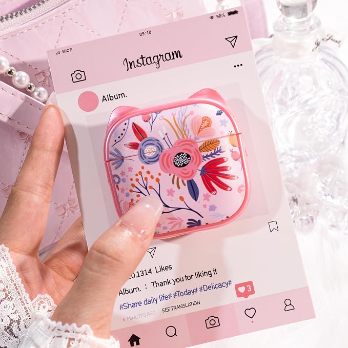 for AirPods 4 Case with Cleaning Kit, Cute Cat Ear Print Design & Cute Buckle, Inverted Phone Holder Design, Top Safe Lock Buckle Design, for Girls AirPods 4 case 2024, Pink Flower - Image 4