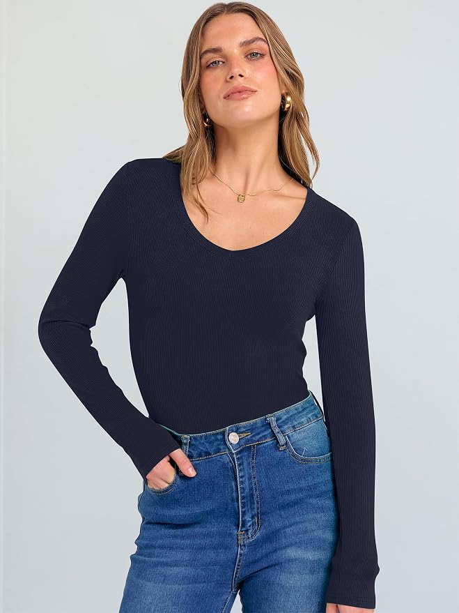 ANRABESS Long Sleeve V Neck Shirts for Women | Soft Comfy Ribbed Knit Fitted Tshirts, Casual Going Out Tops, 2026 Trendy Basic, Fall Winter Underscrub Layering Clothes - Image 2