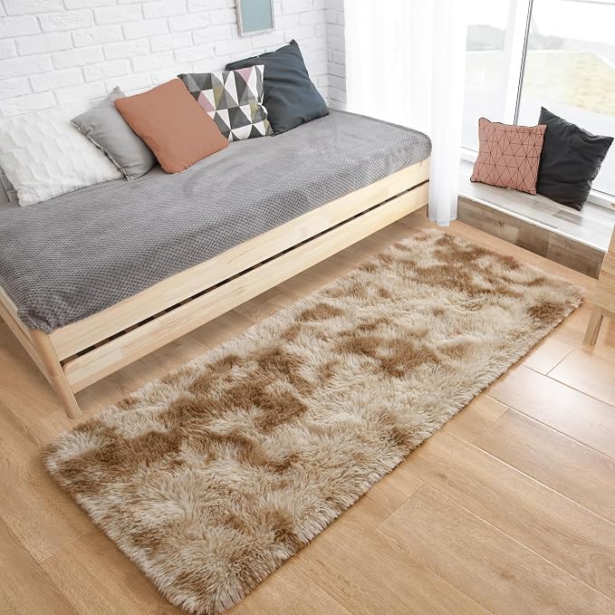 Tepook Fluffy Runner Rugs for Bedroom Aesthetic 2x6 Feet, Shag Soft Bedside Rug with Non-Slip Bottom, Fuzzy Plush Carpet for Room, Hallway Rug for Nursery Dorm Indoor Home Decor, Tie-Dyed Beige - Image 7