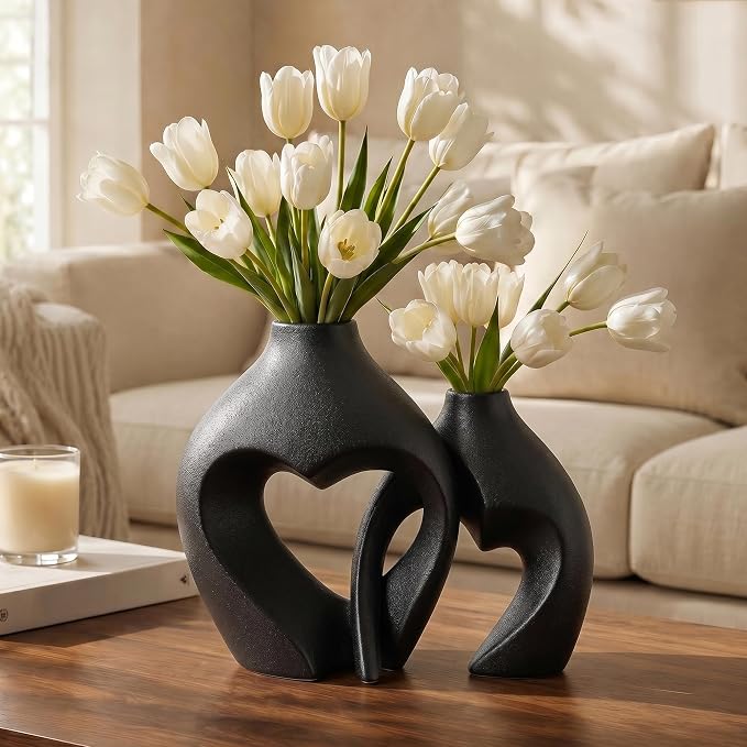 Black Ceramic Flower Vases Home Decor Heart Shaped Vase Set of 2 | Nordic Heart Shaped Vases Minimalist Decorative Vase for Table Centerpiece Wedding Dining Living Room Office House Decoration - Image 5