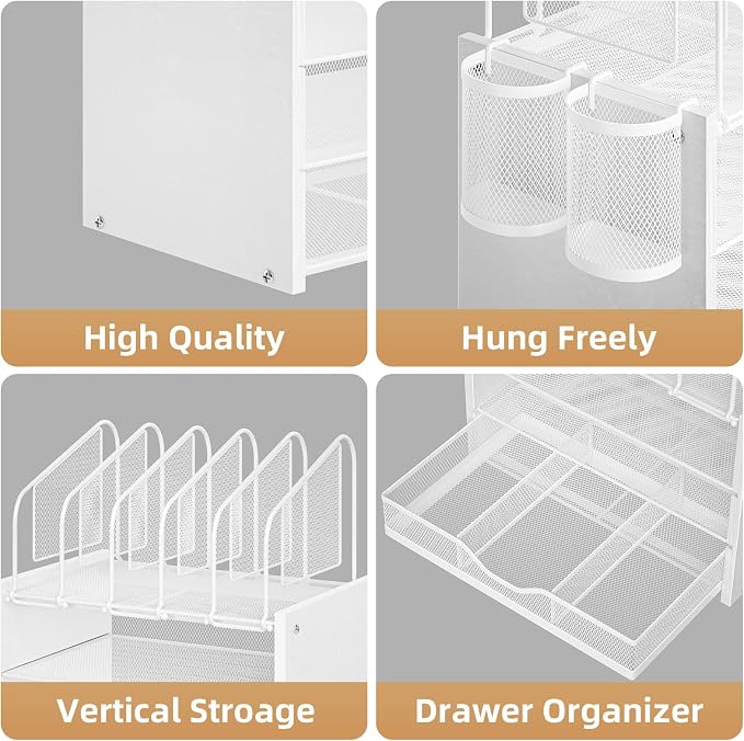 Marbrasse Desk organizer with Drawer, 4-Tier Wooden File Organizer with 5 Vertical File Holders and 2 Pen Holders, Desk Organizers and Accessories for Home Office - White - Image 2