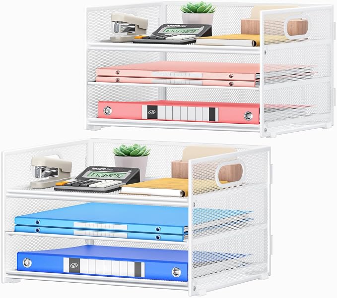 Subekyu 2-Pack 3-Tier White Metal Mesh Desk Paper Letter Tray & File Sorter Organizer with Handle + 1 Sliding Tray for Desk, Home, Office, School Supplies, A4 Paper and Accessories Storage by SUBEKYU
