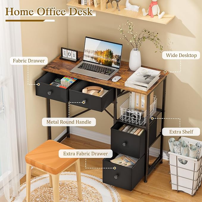 3IngSeagulls Small Computer Desk with 4 Fabric Drawers, Simple Writing Desk for Home Office, Compact Study Desks for Small Spaces, Kids Desk Study for Bedroom, Rustic Brown - Image 3