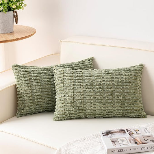 Aegero Pack of 2 Corduroy Decorative Throw Pillow Covers 12x20 InchSoft Boho Striped Pillow Covers Modern Farmhouse Home Decor for Sofa Living Room Couch Bed（Sage Green） by Unknown