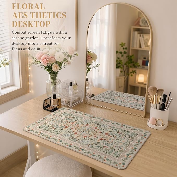 iCasso Aesthetic Flower Mouse Pad for Laptop, 23.6x13.7in Desk Pad, Beige | Desk Matt for Desktop,Anti-Slip Mousepad with Stitched Edges for Laptop Computer Keyboard - Image 7