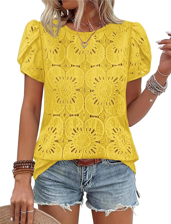 OFEEFAN Blouses for Women Dressy Casual Petal Short Sleeve Shirts Crochet Lace Boho Tops Spring Fashion Summer Outfits by OFEEFAN
