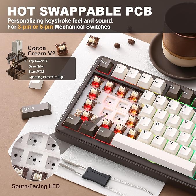 YUNZII B75 PRO 75% Wireless Mechanical Keyboard (Coffee Brown, Cocoa V2) | Hot Swap Keyboard with Knob, Gasket Mount, Creamy Pre-lubed Switch for Smooth Typing, BT/USB-C/2.4G, for Gaming - Image 5