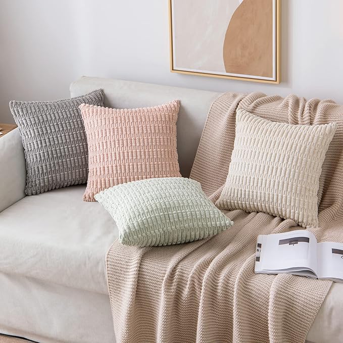 MIULEE Pack of 2 Spring Corduroy Decorative Euro Sham Throw Pillow Covers 24x24 Inch Soft Boho Striped Pillow Covers Modern Farmhouse Home Decor for Summer Sofa Living Room Couch Bed Light Green - Image 4