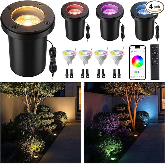 Smart 12V Low Voltage Landscape Lighting for Pathway, Outdoor RGBCW In-Ground Well Lights, App & Remote Control, Replaceable Bulb, IP65 Waterproof, Transformer and Wire Not Included, 4 Pack by Varmtalys