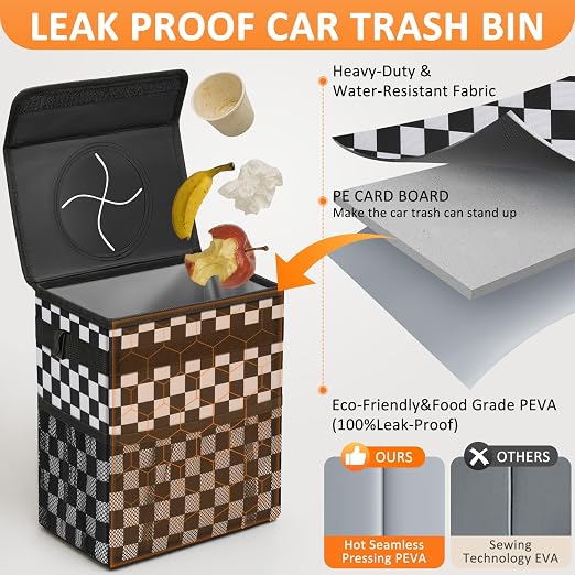 Vankor Car Trash Can Bin with Lid Hanging for Back Seat, Car Accessories for Women Men Leak Proof Automotive Garbage Cans Leakproof Vehicle Trash Can for Truck SUV,Black White Checkered - Image 3