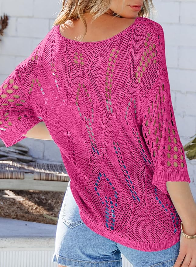 EVALESS Womens Crochet Hollow Out Knit Tops Half Sleeve Spring Summer Sweaters Beach Cover Ups for Women Trendy 2026 - Image 2