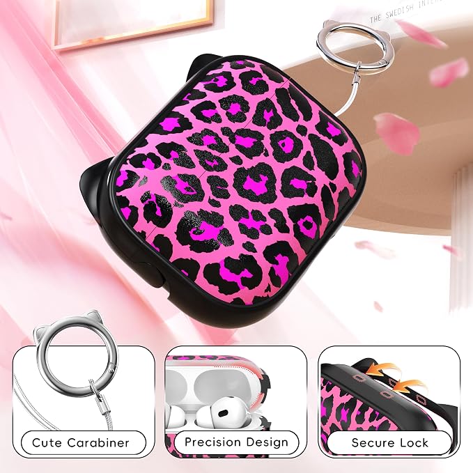 for AirPods Pro 2 Case with Cleaning Kit, Cute Cat Ear Print Design & Cute Buckle for Girls, Phone Holder & Top Safe Lock Buckle Design for AirPods Pro 2nd/1st Gen case, Rose Leopard - Image 5