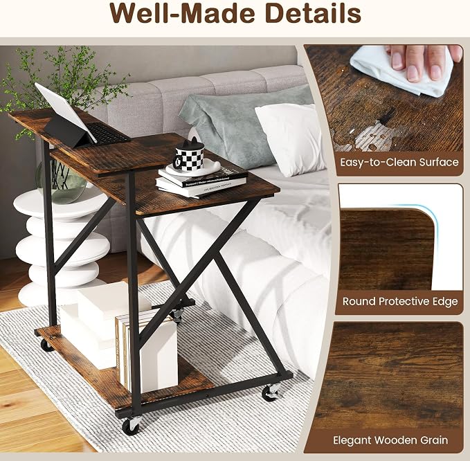 Giantex Rolling Small Desk with Storage, Compact Computer Desk for Small Spaces with Charging Station, Monitor Stand, Lockable Wheels, Study Writing Desk for Home Office, Bedroom (Rustic Brown) - Image 8