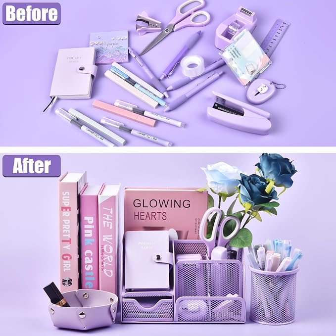 Purple Desk Accessories, 26Pcs Office Supplies and Desk Organizers, with Tape Dispenser, Stapler, Staple Remover Ect, Gift Box Packaging - Image 3