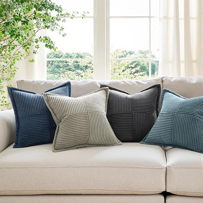 MIULEE Decorative Throw Pillow Covers for Couch Bed Livingroom 12x12 Inch Set of 2 Blue Boho Accent Throw Pllows Broadside Striped Patchwork Soft Corduroy Pillowcases - Image 7