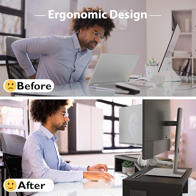 BONTEC Dual Monitor Stand Riser with Smartphone Holder, Adjustable Length & Swivel Angle, Ergonomic Wooden Desktop Organizer for PC Monitor, Laptop, Printer, Large Storage, 42.5 in, Black - Image 4