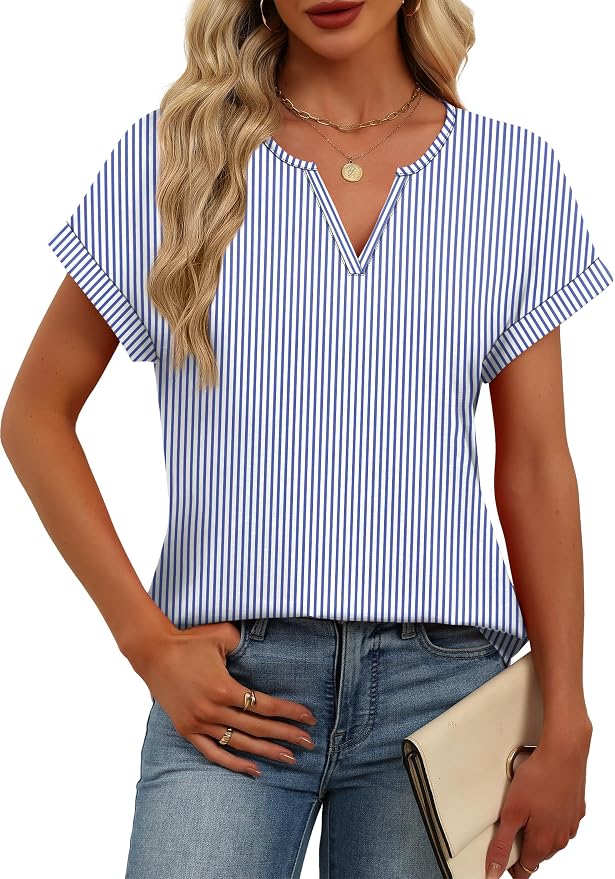 Womens Tops Dressy Casual V Neck Rolled Sleeve T Shirts Fashion Clothing Business Casual Outfits Beach Vacation Clothes - Image 4