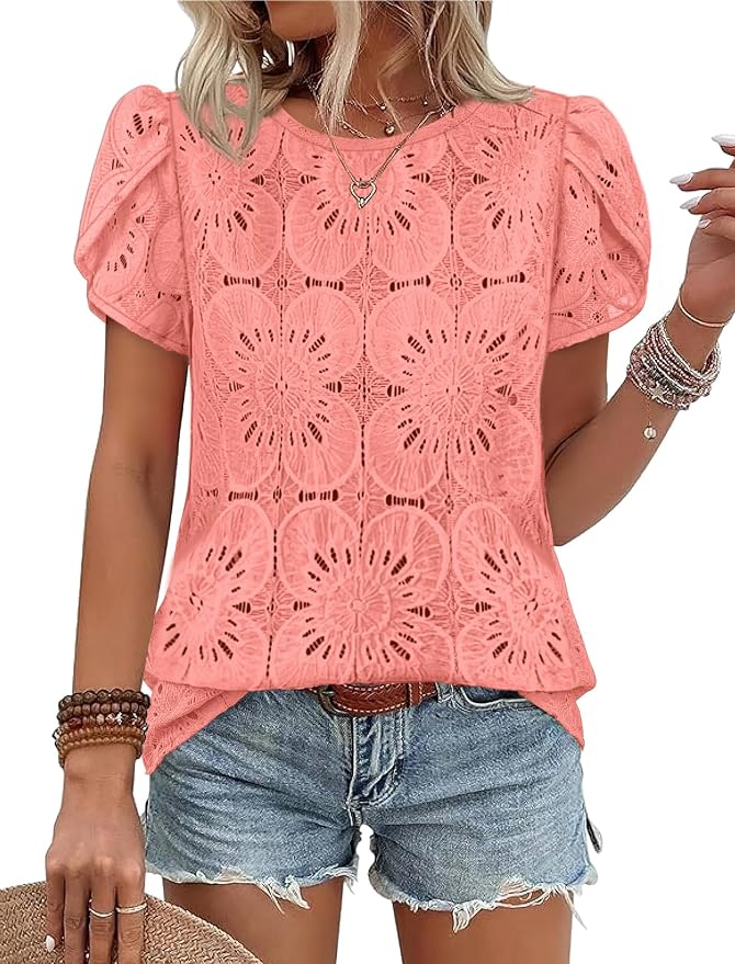 OFEEFAN Blouses for Women Dressy Casual Petal Short Sleeve Shirts Crochet Lace Boho Tops Spring Fashion Summer Outfits by OFEEFAN