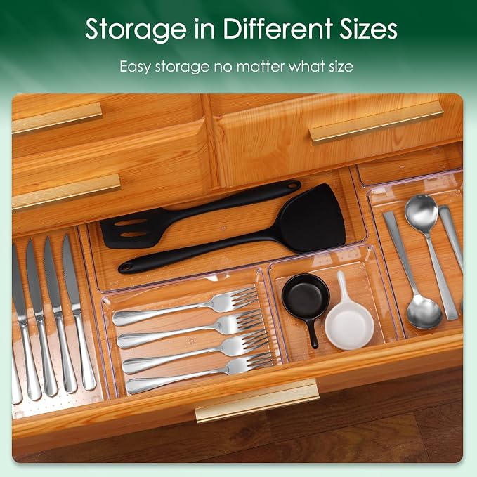 Criusia Drawer Organizer Set, Acrylic Non Slip Non Cracking Kitchen Drawer Storage Tray Large Size Divider, Multifunctional Storage for Cosmetics, Bathroom, Tools, Kitchen and Office (8 PACK) - Image 4