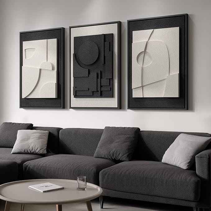 Large 3D Textured Framed Black and White Abstract Wall Art for Living Room, 3 Piece Modern Artwork for Walls, Black White Minimalist Geometric Paintings for Hallway Office Wall Decor 24x36 In by Cuspin