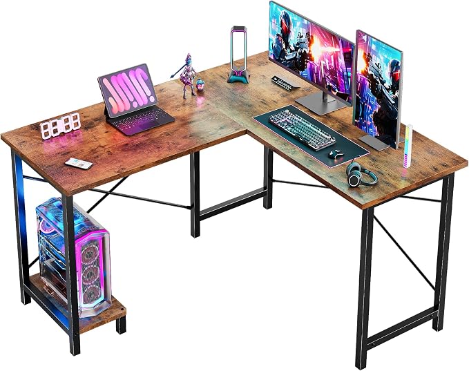 DUMOS 50-Inch Reversible L Shaped Desk with CPU Shelf, Brown | Computer Desk with Sturdy Metal Frame, Corner Gaming Desk, Home Office Desk for Study, Writing and Work, Sturdy Modern Design by DumosLifestyle
