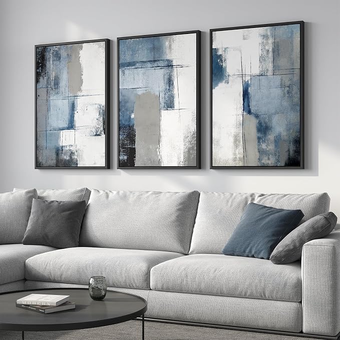 Large Framed Blue and Grey Abstract Wall Art for Living Room, 3 Piece Modern Canvas Prints Paintings Artwork for Walls, Minimalist Abstract Pictures Wall Decor for Hallway Office Bedroom 24x36 In - Image 2