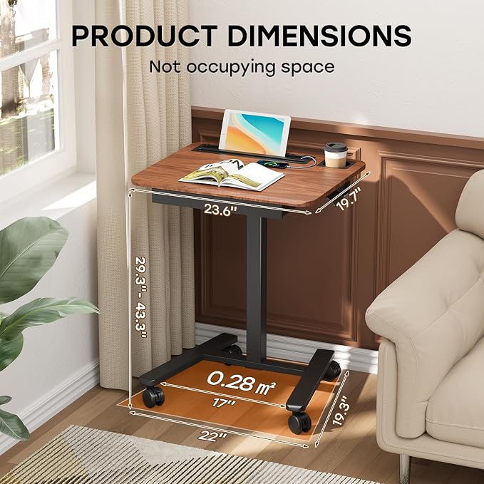 Small Mobile Standing Desk with Drawer, 23.6" x 19.7" Top | Height Adjustable Portable Laptop Desk with Wheels & Cup Holder, Sit Stand Computer Workstation for Compact Space, Dark Wood - Image 2