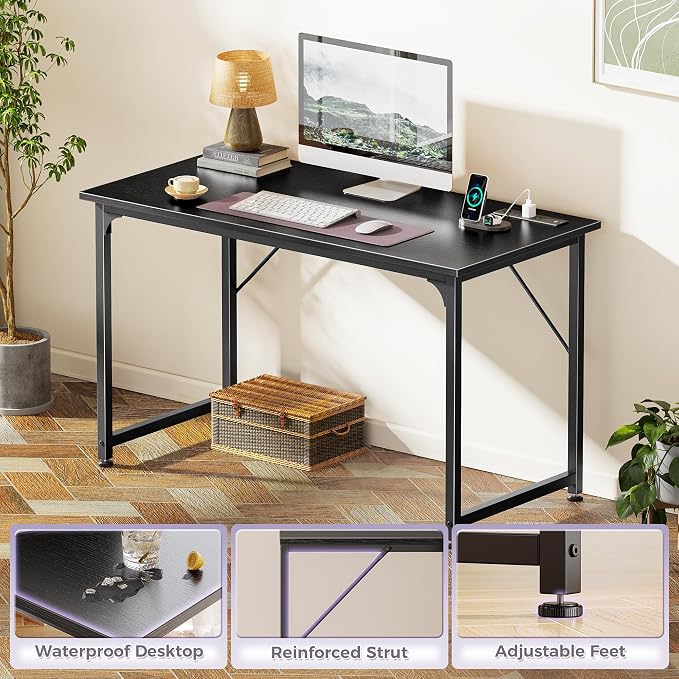 PRAISUN 40 X 20 Inch Computer Desk, Power Outlets, USB-C, Black | Office Desk with 4 AC Outlets, USB & USB-C, Sturdy Metal Frame, Spacious Desktop for Work, Writing, Study & Gaming - Image 8