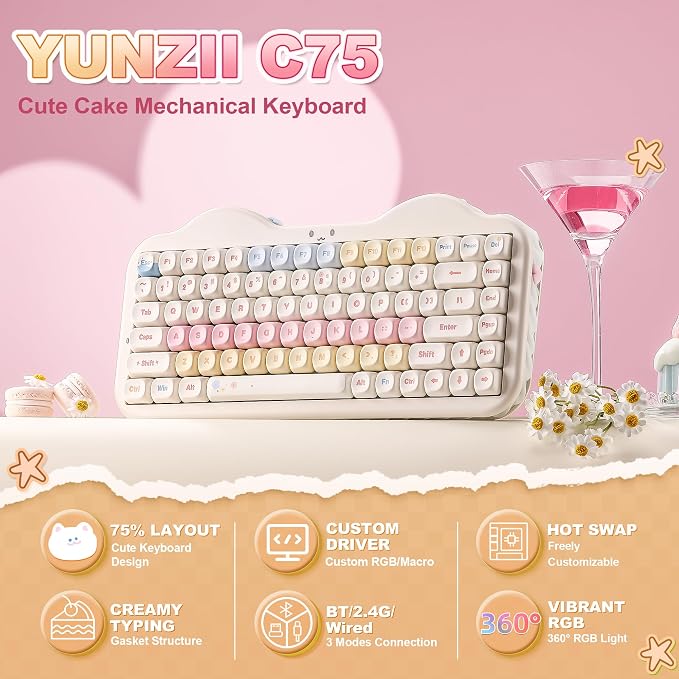 YUNZII C75 Cute 75% Wireless Mechanical Keyboard (Beige, Candy Switch) | Creamy Cake Keyboard, BT5.0/2.4G/USB-C, Hot-Swap, NKRO, PBT MOA Keycaps,5500mAh RGB Gasket Mount for Mac/Win/Gaming/Office - Image 2