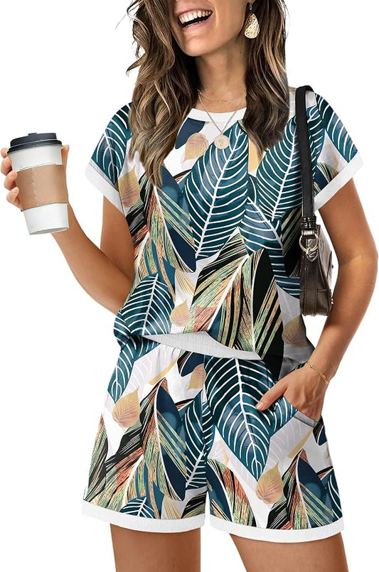 WIHOLL Two Piece Sets for Women Summer Lounge Short Sets Cap Sleeve Crew Neck Sweatsuit with Pocket XS-2XL by WIHOLL