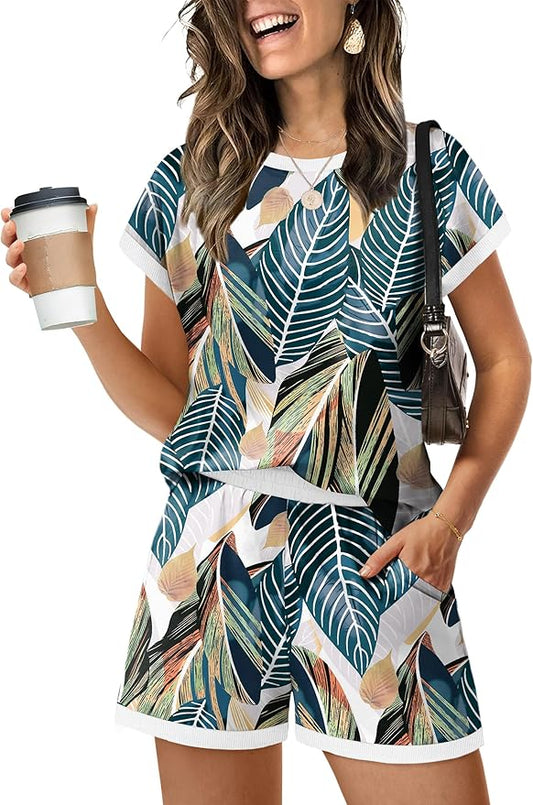 WIHOLL Two Piece Sets for Women Summer Lounge Short Sets Cap Sleeve Crew Neck Sweatsuit with Pocket XS-2XL by WIHOLL