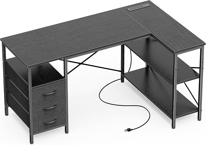 Huuger L Shaped Office Desk with Power Outlets, 47 Inch Computer Desk with 3 Drawers, Shelves, for Gaming, Corner Work, Home Office, Study, Black by Huuger