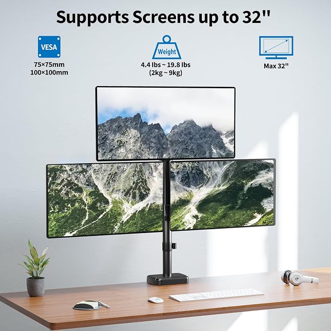 Triple Monitor Mount Fits Max 32" Computer Screen, Holds up to 17.6lbs Each Arm, 3 Monitor Desk Mount, Triple Stand with Tilt Swivel Rotation, VESA Mount 75/100mm - Image 2