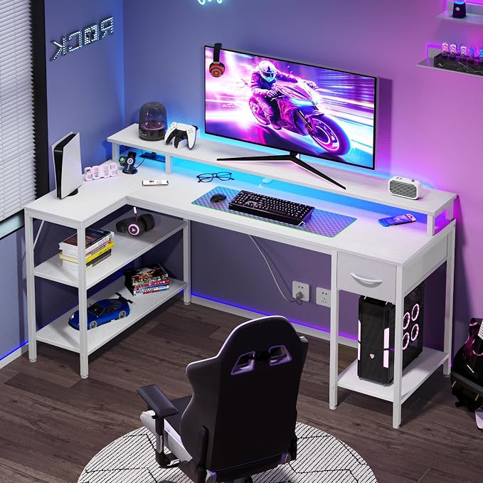 DUMOS 53 Inch Gaming Desk, L Shaped Desk, LED Lights | Monitor Stand, Storage Shelves, Computer Table, USB Charging Ports, Power Outlets, Small Spaces, White - Image 2