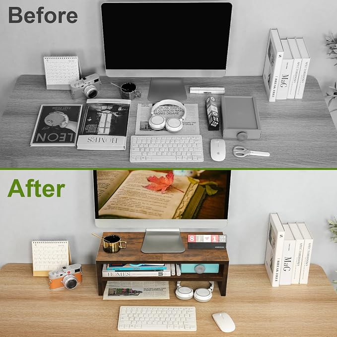 TEAMIX 20 inch Monitor Riser Stand - 2 Tiers, Wood Rustic Desktop Bookshelf | Laptop/PC/Printer/Keyboard Storage, Ergonomic Design, 15mm thick Sturdy Wood Boards, TV Stand, Home Office Desk Accessories - Image 7
