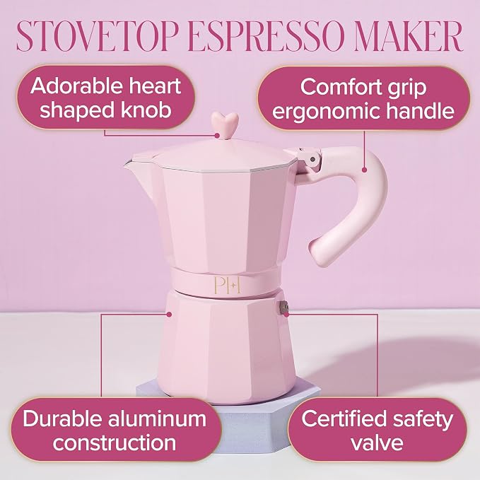 Paris Hilton Stovetop Espresso and Coffee Maker, Italian & Cuban Style Coffee Pot with Iconic Heart Knob, Perfect for Rich Aromatic Espresso, Makes up to 6 Espresso Cups, Pink - Image 3