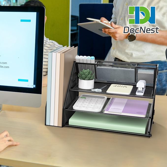 Docnest 3 Tier Desk Organizer with File Holder & Pen Holder, Black | Features 3 built-in pen holders with removable dividers. Space-saving mesh storage for office mail, files & stationery - Image 4