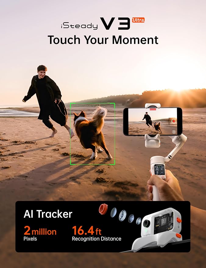 Hohem iSteady V3 Ultra Gimbal Stabilizer for Smartphone, AI Tracking Phone Gimbal, 1.22" Touchscreen Detachable Remote Control, Built-in Extension Rod & Tripod, 360° Infinite Pan, Vlog Filming, White - Image 2